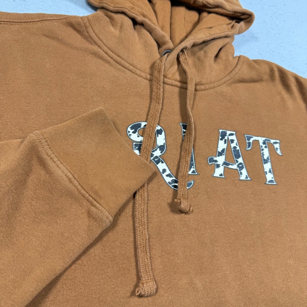 Ariat Real Womens Cow Print Logo Hoodie Brown Fleece Pullover Sweatshirt L